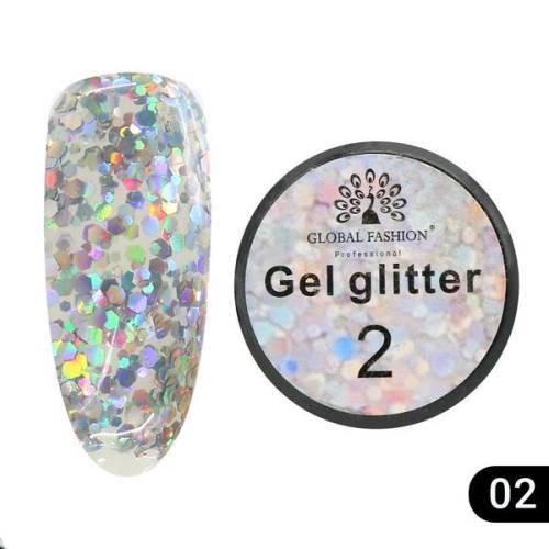 Gel color cu sclipici - Global Fashion - Glitter Gel - 5 gr - Argintiu 02