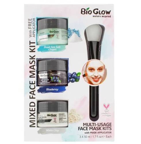 Kit Ingrijire cu 2 Masti pentru Ten cu Minerale si Argila - 1 Scrub de Buze cu Afine si Pensula speciala - Vegan - Bio Glow - 3 x 50 ml