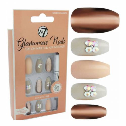 Kit 24 Unghii False W7 Glamorous Nails - Golden Sahara - cu adeziv inclus si pila de unghii