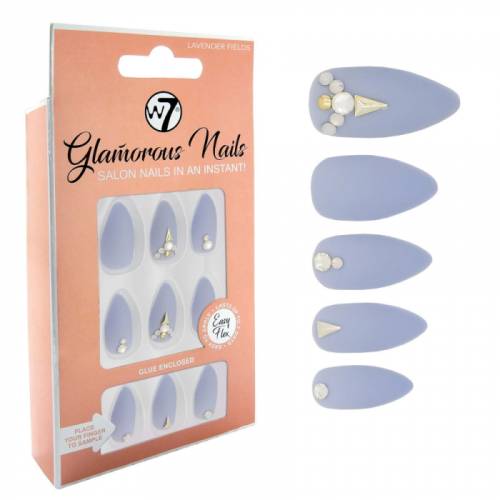 Kit 24 Unghii False W7 Glamorous Nails - Lavender Fields - cu adeziv inclus si pila de unghii
